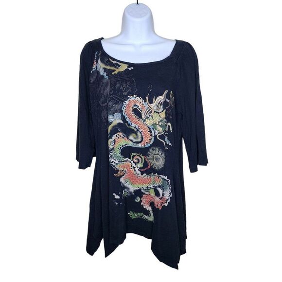 Vintage Y2K Tunic Top Shirt Womens Size L Black Sharkbite Hem - Picture 1 of 5